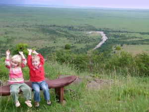 Riley and Liam wildebeest-spotting at the Mara River