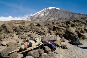 A stretcher similar to Jeremy's. It took six strong porters to carry him down, even with a wheel at the middle of the stretcher to help.