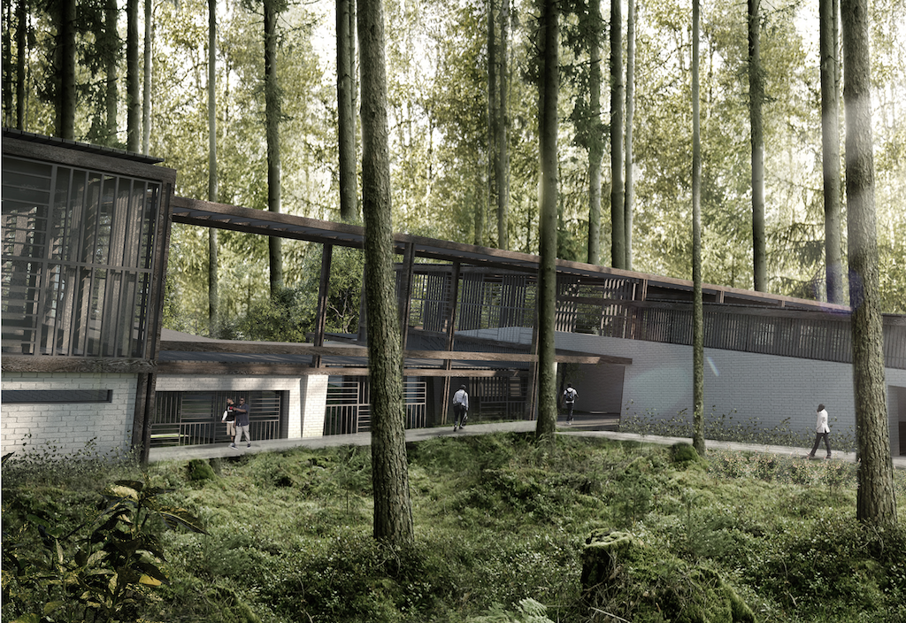 Eye level view of hospital--the design accommodates the location in the jungle, the huge amount of rainfall it receives during the two rainy seasons per year, and the tropical climate.
